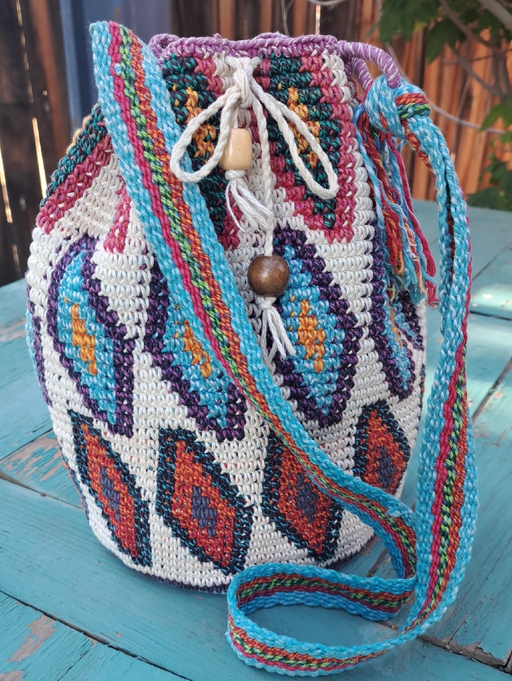 Hiptipico Bambo Crochet Bucket Bag Boho Artisan Crossbody Guatemala EUC